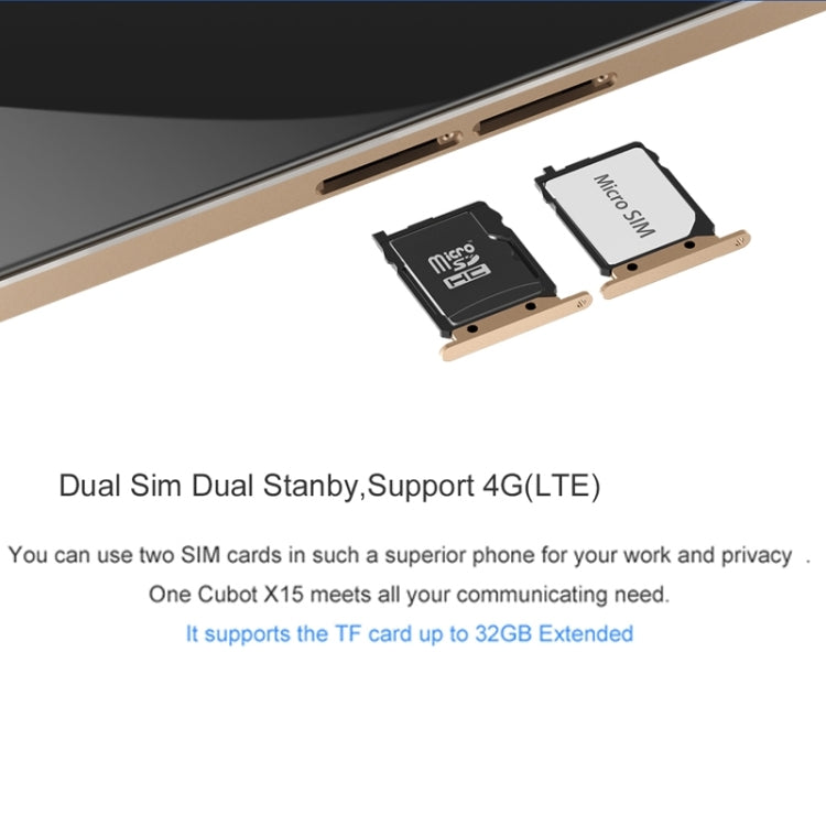 CUBOT X15 16GB, Network: 4G, 5.5 inch Android 5.1 MT6735 Quad Core 1.3GHz, RAM: 2GB, GPS, OTG, HotKnot(Gold)
