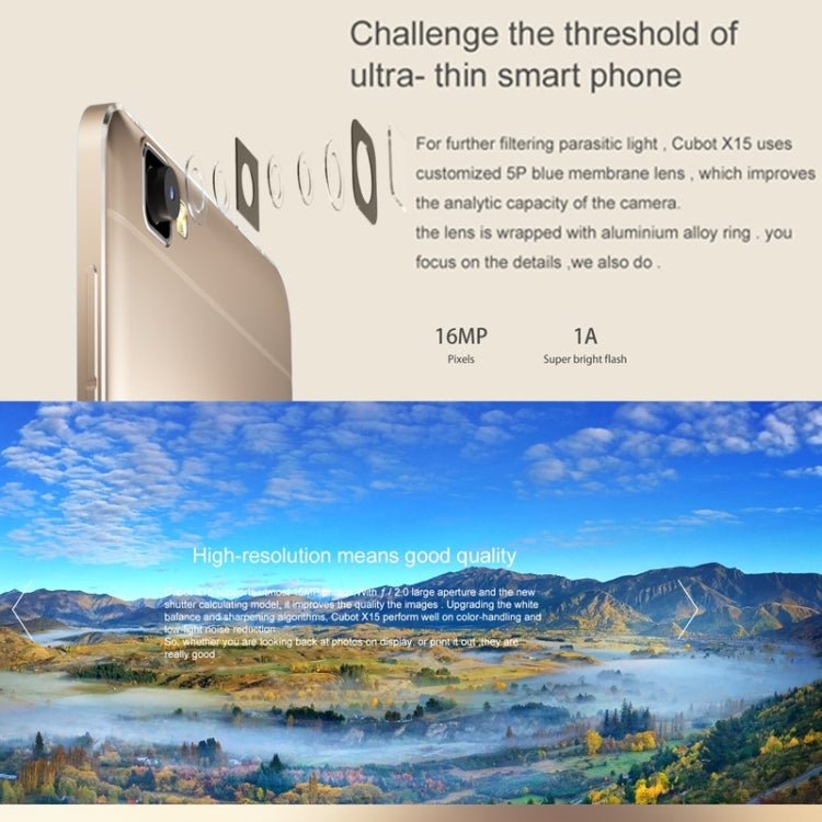 CUBOT X15 16GB, Network: 4G, 5.5 inch Android 5.1 MT6735 Quad Core 1.3GHz, RAM: 2GB, GPS, OTG, HotKnot(Gold)