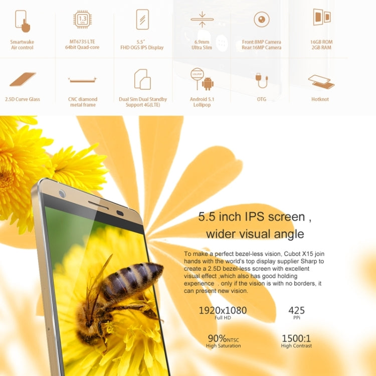 CUBOT X15 16GB, Network: 4G, 5.5 inch Android 5.1 MT6735 Quad Core 1.3GHz, RAM: 2GB, GPS, OTG, HotKnot(Gold)