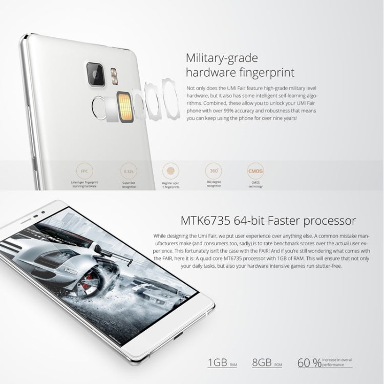 UMI Fair 8GB, Network: 4G, 5.0 inch Android 5.1 MT6735 Quad Core 1.0GHz, RAM: 1GB