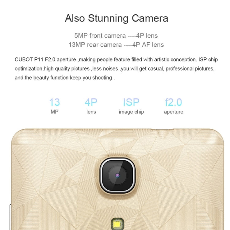 CUBOT P11 8GB, Network: 4G, 5.0 inch Android 5.1 MT6580 Quad Core 1.3GHz, RAM: 1GB, GPS, OTG, HotKnot