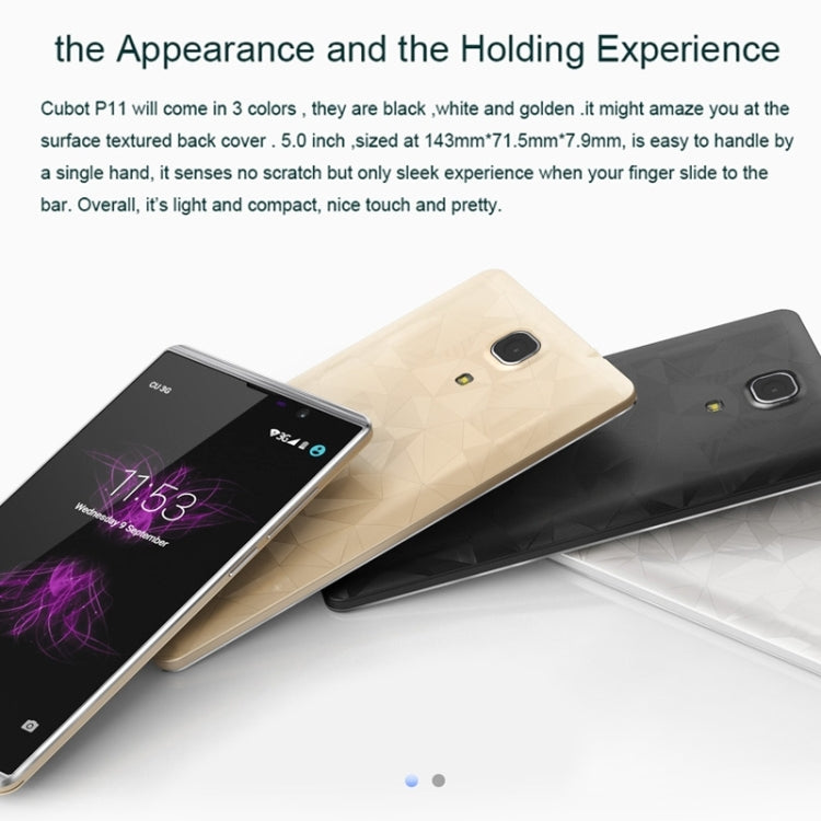 CUBOT P11 8GB, Network: 4G, 5.0 inch Android 5.1 MT6580 Quad Core 1.3GHz, RAM: 1GB, GPS, OTG, HotKnot