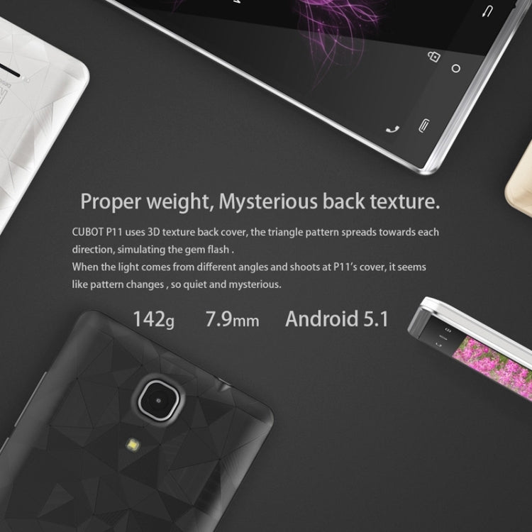 CUBOT P11 8GB, Network: 4G, 5.0 inch Android 5.1 MT6580 Quad Core 1.3GHz, RAM: 1GB, GPS, OTG, HotKnot