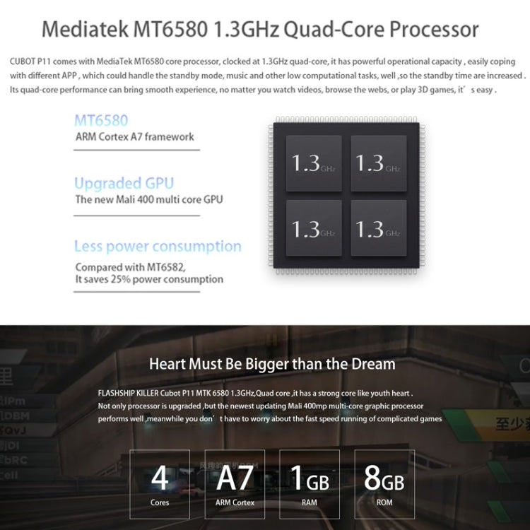 CUBOT P11 8GB, Network: 4G, 5.0 inch Android 5.1 MT6580 Quad Core 1.3GHz, RAM: 1GB, GPS, OTG, HotKnot