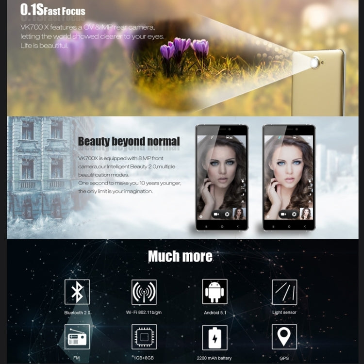 VKworld VK700X 8GB, Network: 3G, 5.0 inch Android 5.1 MTK6580A Quad Core 1.5GHz, RAM: 1GB