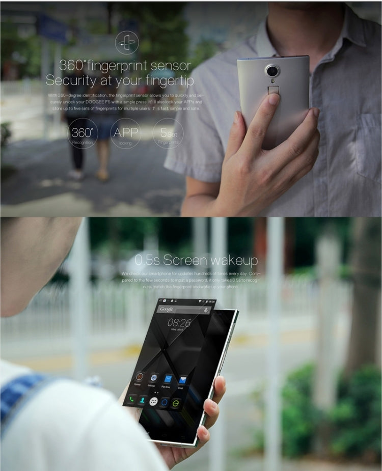 DOOGEE F5 16GB, Network: 4G, Fingerprint ID, Smart motion, 5.5 inch Android 5.1 MT6753 Octa-core 1.3GHz, RAM:3GB(Silver)
