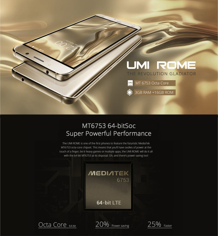 UMI ROME, 3GB+16GB, 5.5 inch Android 5.1 MT6753 Octa-core up to 1.3GHz, Network: 4G(Gold)