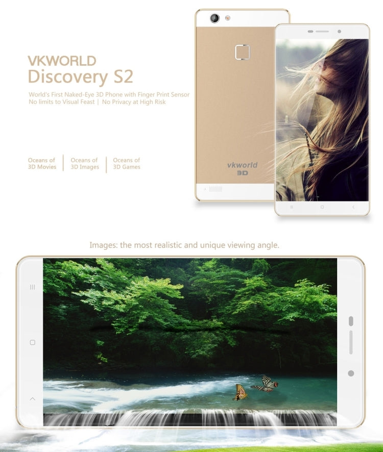 VKworld Discovery S2 16GB, Network: 4G, Naked-eye 3D, 5.5 inch Android 5.1 MTK6735a Quad Core 1.5GHz, RAM:2GB, Dual SIM, OTG(Gold)