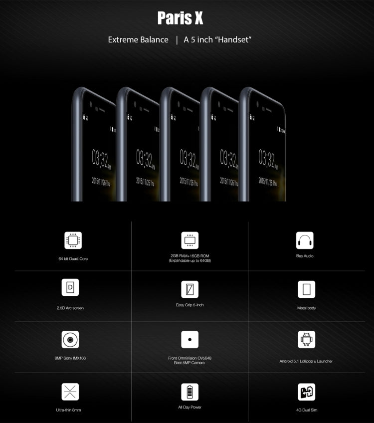 Ulefone Paris X, 2GB+16GB, 5 inch IPS 2.5D Screen Android 5.1 MTK6735 Quad-core 1.0GHz, Network: 4G(Black)
