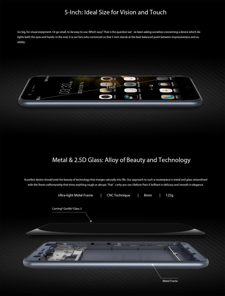 Ulefone Paris X, 2GB+16GB, 5 inch IPS 2.5D Screen Android 5.1 MTK6735 Quad-core 1.0GHz, Network: 4G(Black)