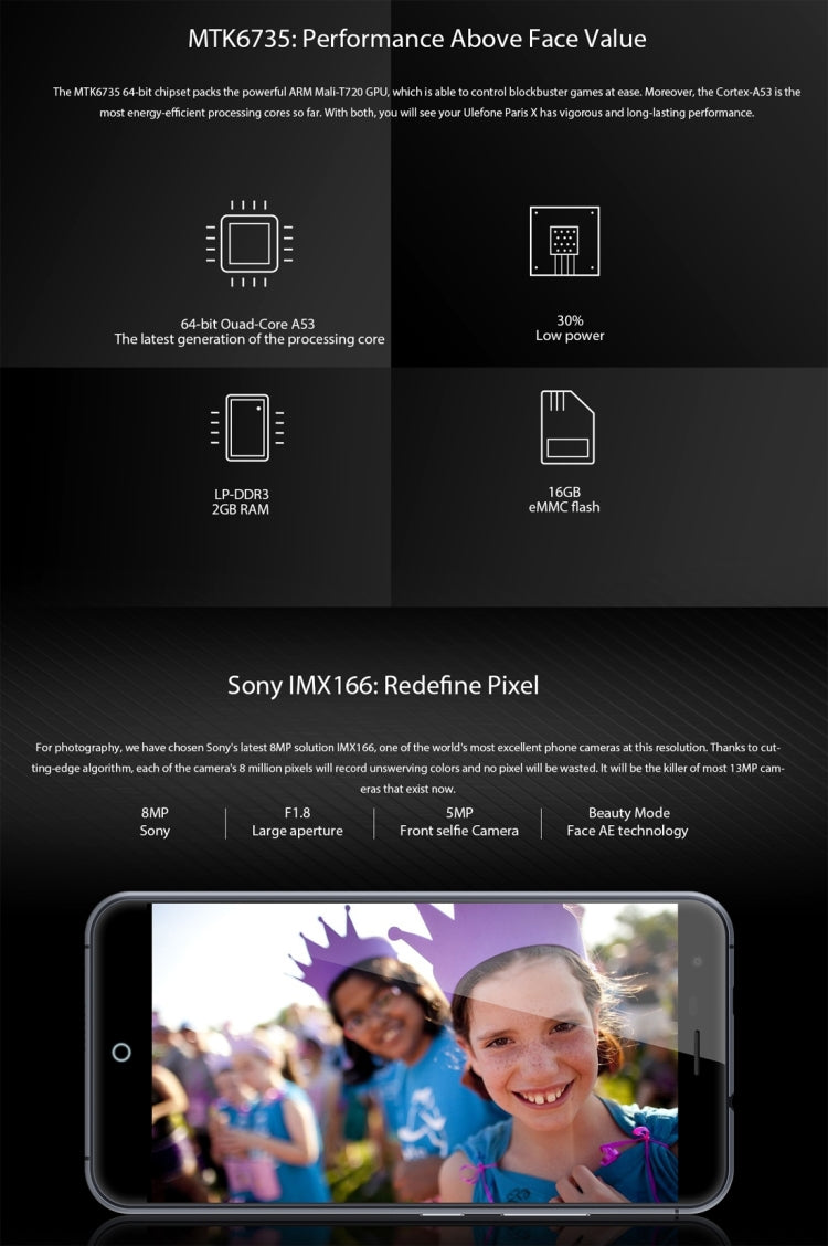 Ulefone Paris X, 2GB+16GB, 5 inch IPS 2.5D Screen Android 5.1 MTK6735 Quad-core 1.0GHz, Network: 4G(Black)