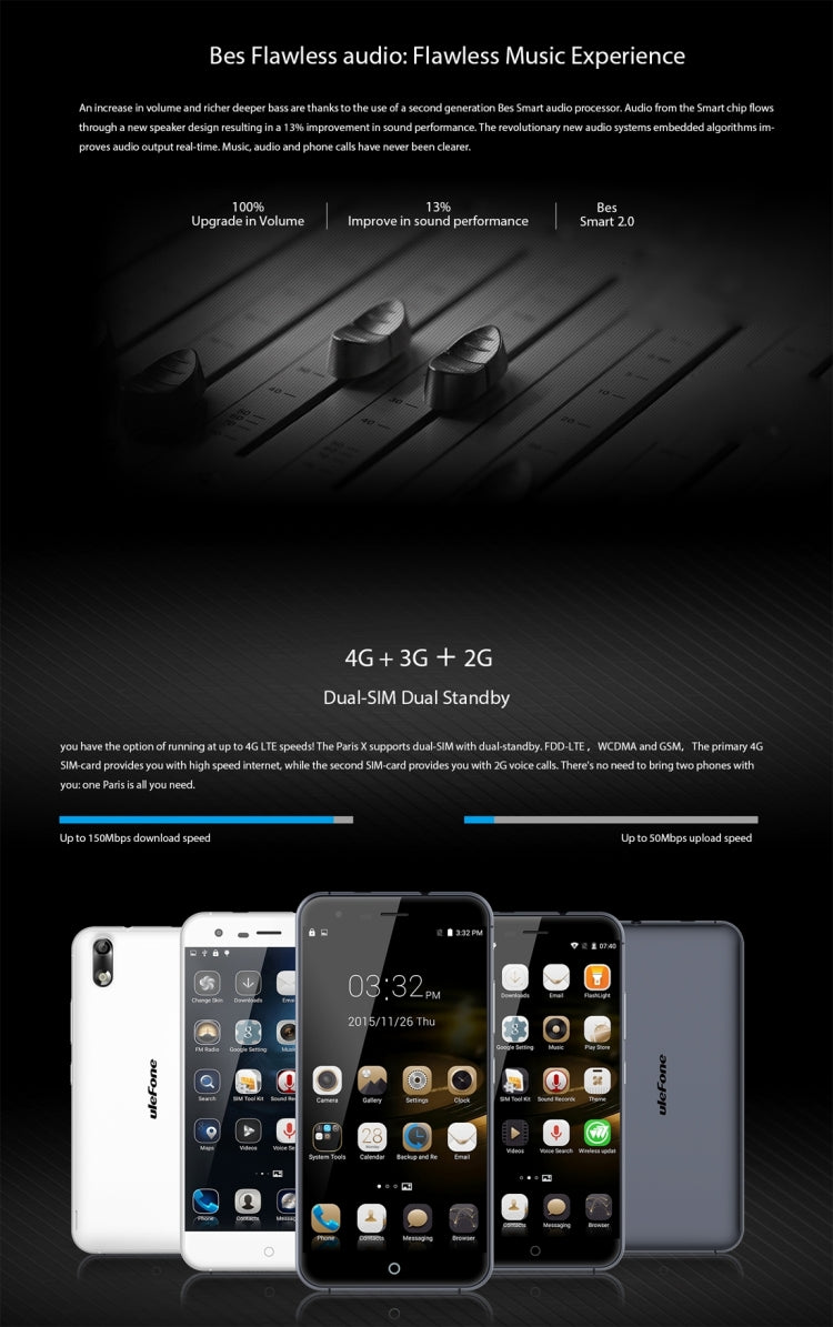Ulefone Paris X, 2GB+16GB, 5 inch IPS 2.5D Screen Android 5.1 MTK6735 Quad-core 1.0GHz, Network: 4G(Black)