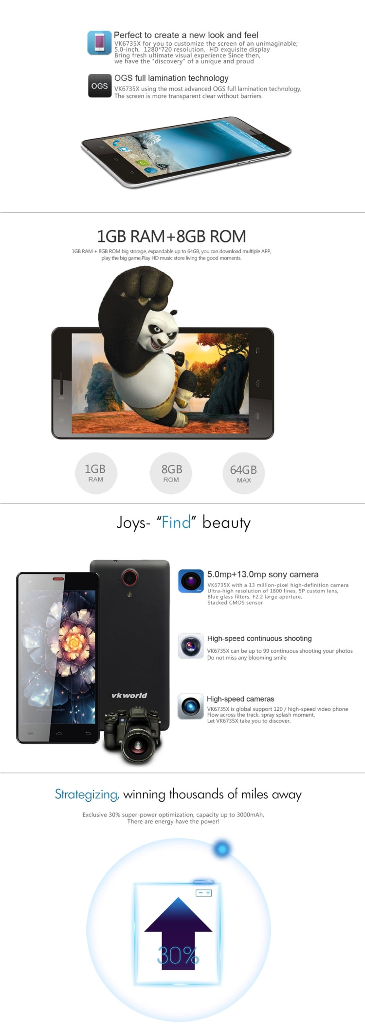 Vkworld VK6735X 8GB, Network: 4G, 5.0 inch Android 5.1 MTK6735 Quad Core 1.0GHz, RAM: 1GB
