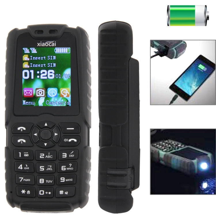 Xiaocai X6 Phone, Network: 2G, 5000mAh Power Bank, IP67 Waterproof Dustproof Shockproof, Radio Flashlight, Dual SIM(Black)