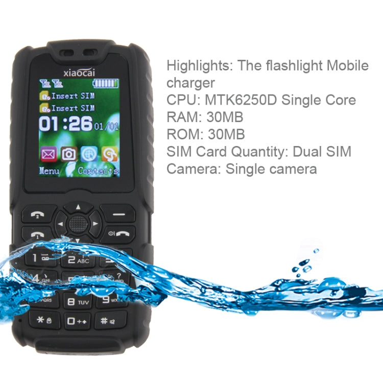 Xiaocai X6 Phone, Network: 2G, 5000mAh Power Bank, IP67 Waterproof Dustproof Shockproof, Radio Flashlight, Dual SIM(Black)