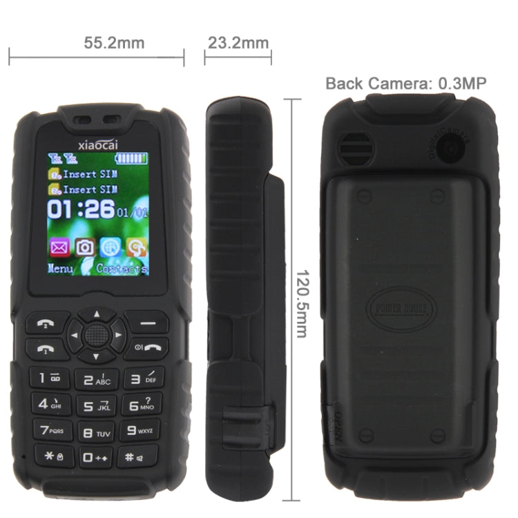 Xiaocai X6 Phone, Network: 2G, 5000mAh Power Bank, IP67 Waterproof Dustproof Shockproof, Radio Flashlight, Dual SIM(Black)