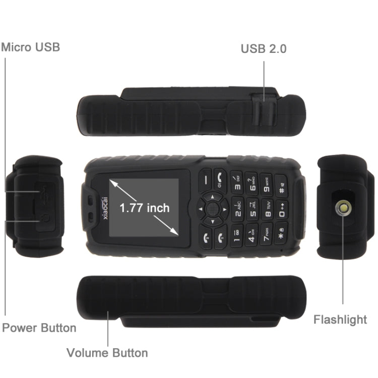 Xiaocai X6 Phone, Network: 2G, 5000mAh Power Bank, IP67 Waterproof Dustproof Shockproof, Radio Flashlight, Dual SIM(Black)