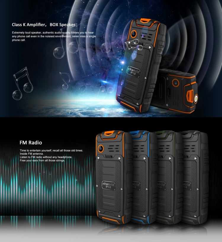 VKworld New Stone V3, Triple SIM, IP68 Waterproof Shockproof Dustproof, 3000mAh Large Capacity, 2.4 inch, SC6531CA Chipset, 21 Keys, LED Flashlight, FM, TF, Russian Keyboard