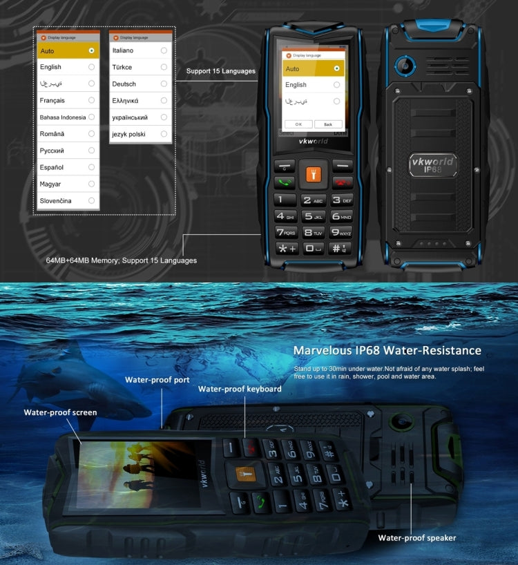 VKworld New Stone V3, Triple SIM, IP68 Waterproof Shockproof Dustproof, 3000mAh Large Capacity, 2.4 inch, SC6531CA Chipset, 21 Keys, LED Flashlight, FM, TF, Russian Keyboard