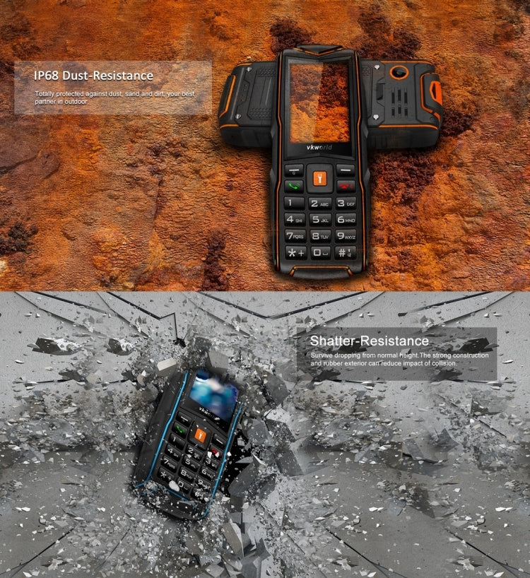 VKworld New Stone V3, Triple SIM, IP68 Waterproof Shockproof Dustproof, 3000mAh Large Capacity, 2.4 inch, SC6531CA Chipset, 21 Keys, LED Flashlight, FM, TF, Russian Keyboard