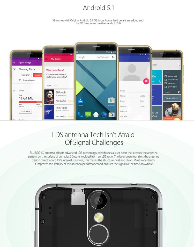 BLUBOO X9, 3GB+16GB, 5.0 inch Android 5.1 MTK6753W Octa Core up to 1.3GHz, Network: 4G