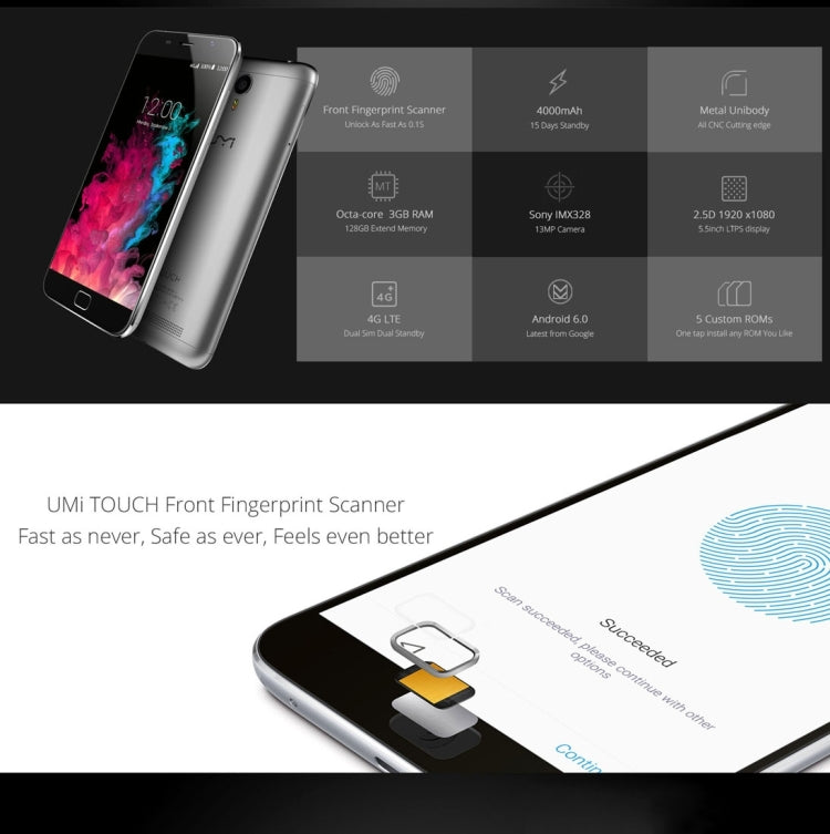 UMI TOUCH, 3GB+16GB, Metal Unibody Front Fingerprint 2.5D LTPS FHD 5.5 inch Android 6.0 MT6753 Octa-Core up to 1.5GHz, Network: 4G(Grey)