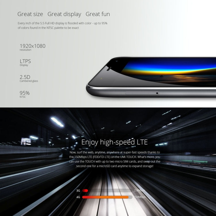 UMI TOUCH, 3GB+16GB, Metal Unibody Front Fingerprint 2.5D LTPS FHD 5.5 inch Android 6.0 MT6753 Octa-Core up to 1.5GHz, Network: 4G(Grey)