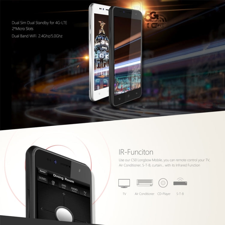 SISWOO Longbow C50 8GB, Network: 4G, 5.0 inch HD OGS Full Lamination Screen Android 5.1 MTK6735 Quad Core 1.5GHz, RAM: 1GB, Infrared Remote Control, OTG, GPS(White)