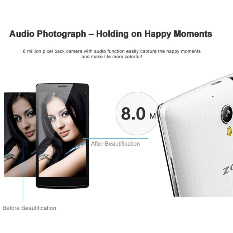 ZOPO ZP520+, 1GB+8GB, Dual SIM, 5.5 inch Android 4.4 MT6582M Quad Core up to 1.3GHz, Network: 4G