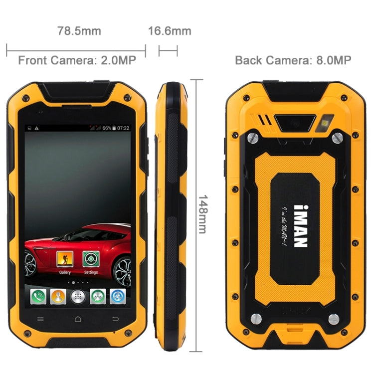 iMAN i5800, 1GB+8GB, IP67 Waterproof Dustproof Shockproof, 4.5 inch Android OS 4.4, MTK6582 Quad Core 1.3GHz, Network: 3G