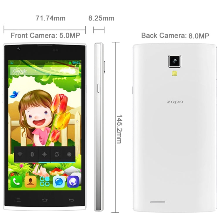 Zopo ZP780 4GB, Network: 3G, 5.0 inch Android 4.2, MTK6582 1.3GHz Quad Core, RAM: 1GB, Dual SIM(White)