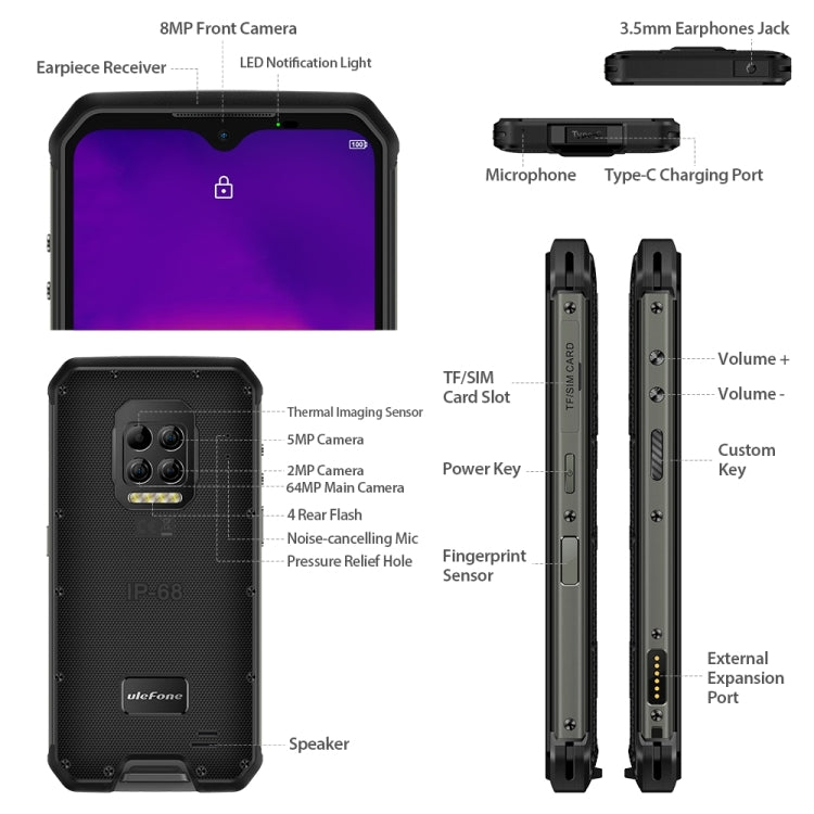 Smart Phone,  8GB+128GB, Triple Back Cameras, IP68/IP69K Waterproof Dustproof Shockproof, Face ID & Fingerprint Identification, 6600mAh Battery, 6.3 inch Android 10.0 Helio P90 MTK6779 Octa-core 64-bit up to 2.2GHz, Network: 4G, OTG, NFC(Black)