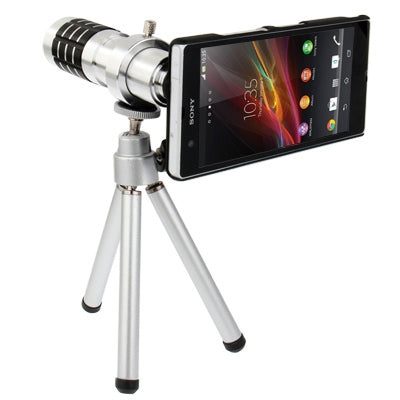 12X Optical Zoom Mobile Phone Telescope Circumscribing Lens with Tripod + Plastic Case for Sony Xperia Z / L36h(Silver)