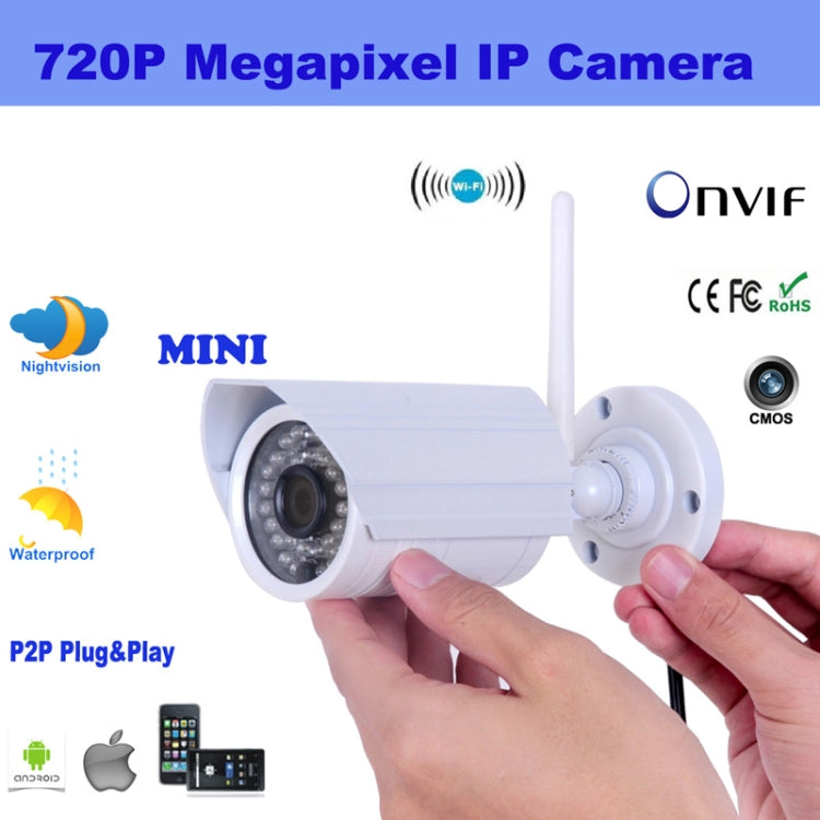 IPCC-H05 H.264 Wireless Infrared IP Camera, 720P 3.6mm Lens 1.0 Megapixel With Wireless Wifi P2P, IR Night Vision Onvif 2.2 Mini Waterproof Outdoor IP Bullet Camera(White)