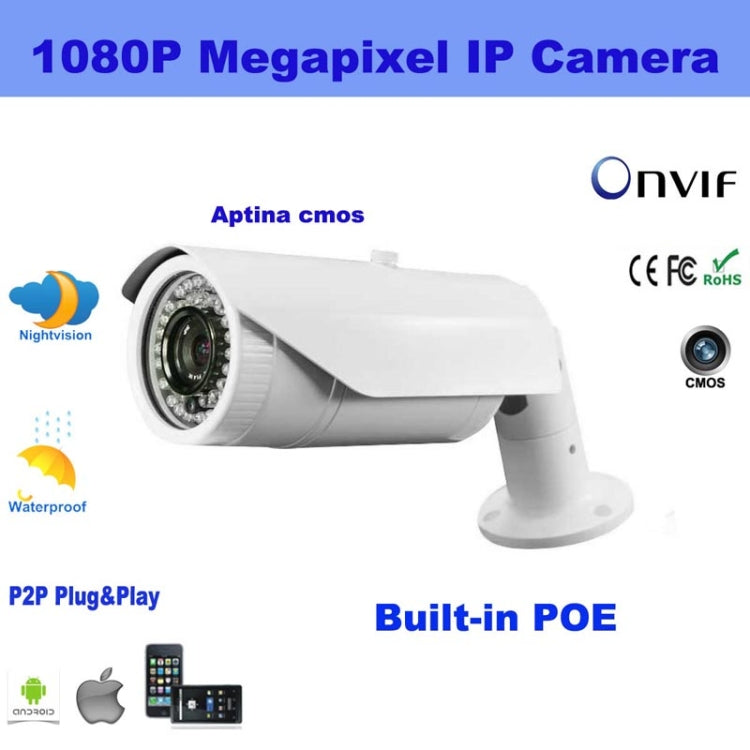 1080P H.264 Waterproof Outdoor IP Bullet Camera, Power Over Ethernet (POE), 2.8-12mm Varifocal Lens, 2.0 Megapixel / P2P / IR Night Vision (IPCC-B22-POE)(White)