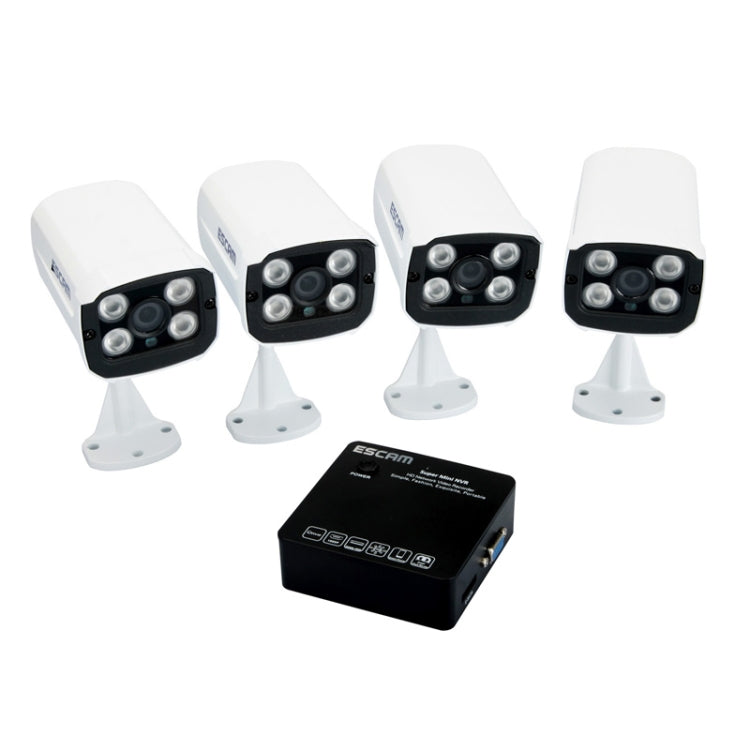 ESCAM K104 Onvif 4-Ch Mini Network Video Recorder NVR + QD300 HD 720P 1/4 inch 1.0 Megapixel Onvif Waterproof P2P IP Camera Kit(Black)