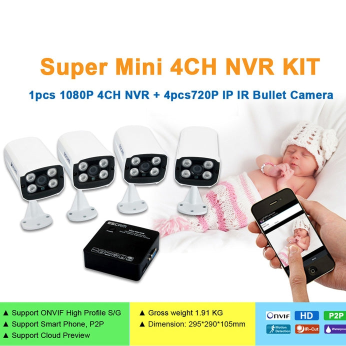 ESCAM K104 Onvif 4-Ch Mini Network Video Recorder NVR + QD300 HD 720P 1/4 inch 1.0 Megapixel Onvif Waterproof P2P IP Camera Kit(Black)