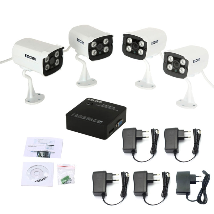 ESCAM K104 Onvif 4-Ch Mini Network Video Recorder NVR + QD300 HD 720P 1/4 inch 1.0 Megapixel Onvif Waterproof P2P IP Camera Kit(Black)