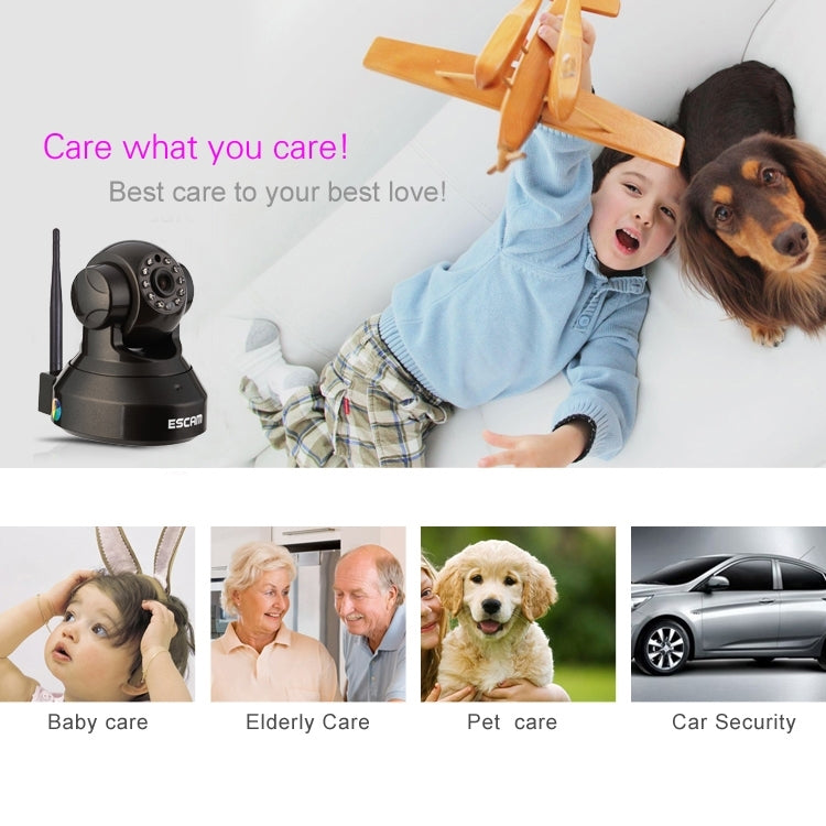 ESCAM Pearl QF100 720P 1.0 MP WIFI Pan / Tilt H.264 ONVIF 3.6mm IR-Dome Camera, Support TF Card(Black)