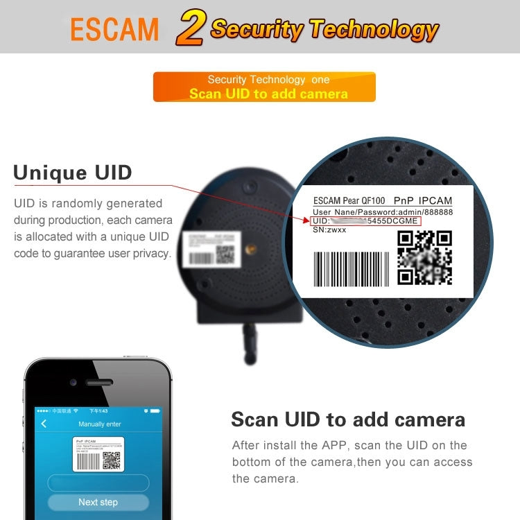 ESCAM Pearl QF100 720P 1.0 MP WIFI Pan / Tilt H.264 ONVIF 3.6mm IR-Dome Camera, Support TF Card(Black)