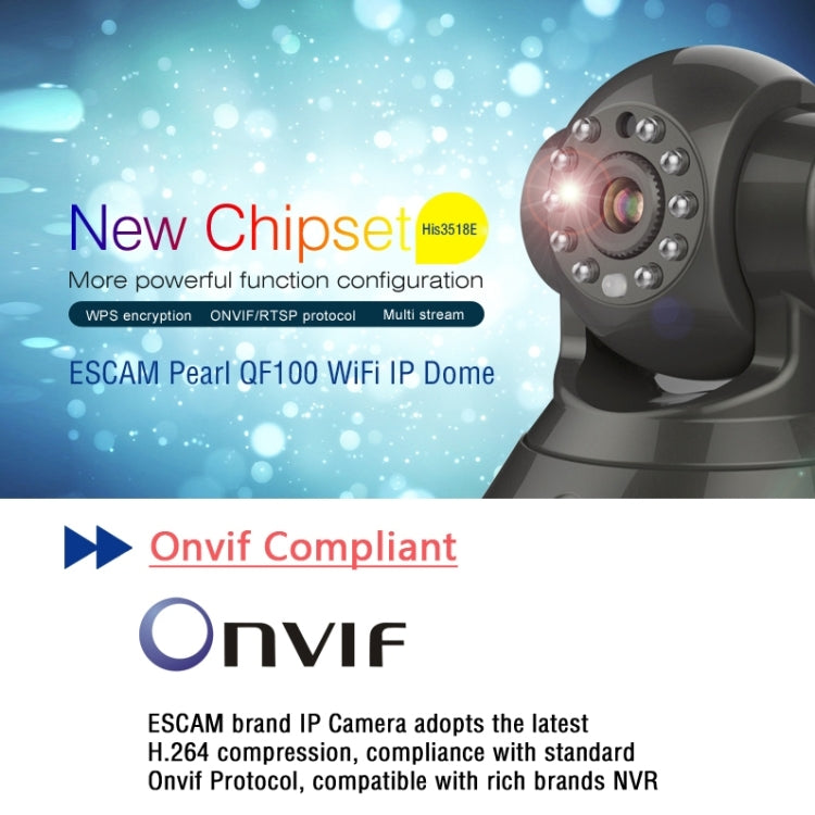 ESCAM Pearl QF100 720P 1.0 MP WIFI Pan / Tilt H.264 ONVIF 3.6mm IR-Dome Camera, Support TF Card(Black)