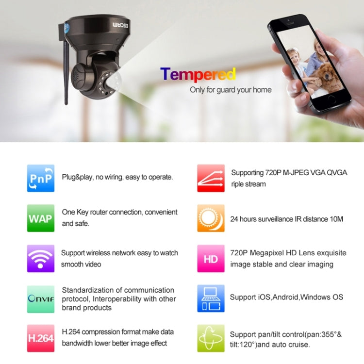 ESCAM Pearl QF100 720P 1.0 MP WIFI Pan / Tilt H.264 ONVIF 3.6mm IR-Dome Camera, Support TF Card(Black)
