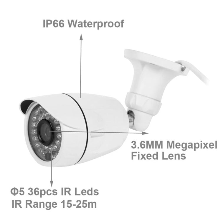 MY106 HD 720P P2P ONVIF Wired Waterproof Bullet IP Camera, 1 / 4 inch CMOS 1.0 Mega Pixels Lens, Motion Detection / Privacy Mask / IR-CUT