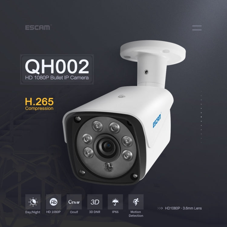 ESCAM QH002 ONVIF H.265 1080P P2P IR Waterproof Bullet IP Camera with Smart Analysis Function, Motion Detection and Night Vision Function
