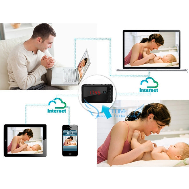 H.264 Glass Lens 720P IP Camera & Alarm Clock with EU Plug Charger & Suction Cup Car Holder, Time and Date Display Function(Black)