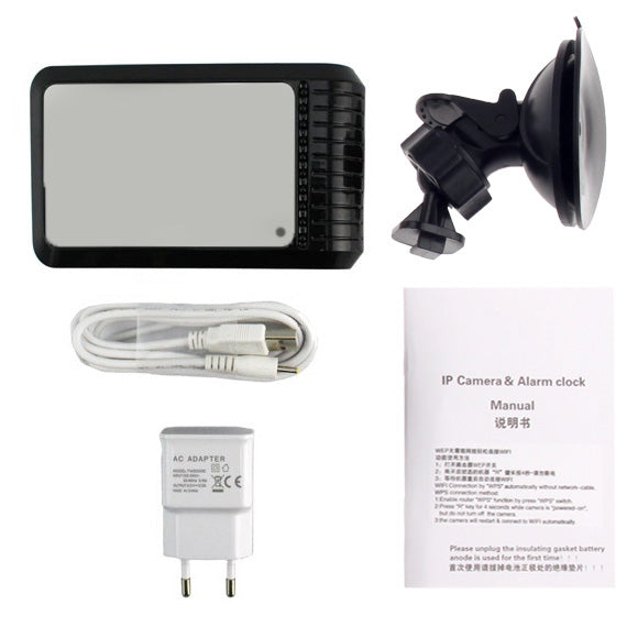 H.264 Glass Lens 720P IP Camera & Alarm Clock with EU Plug Charger & Suction Cup Car Holder, Time and Date Display Function(Black)