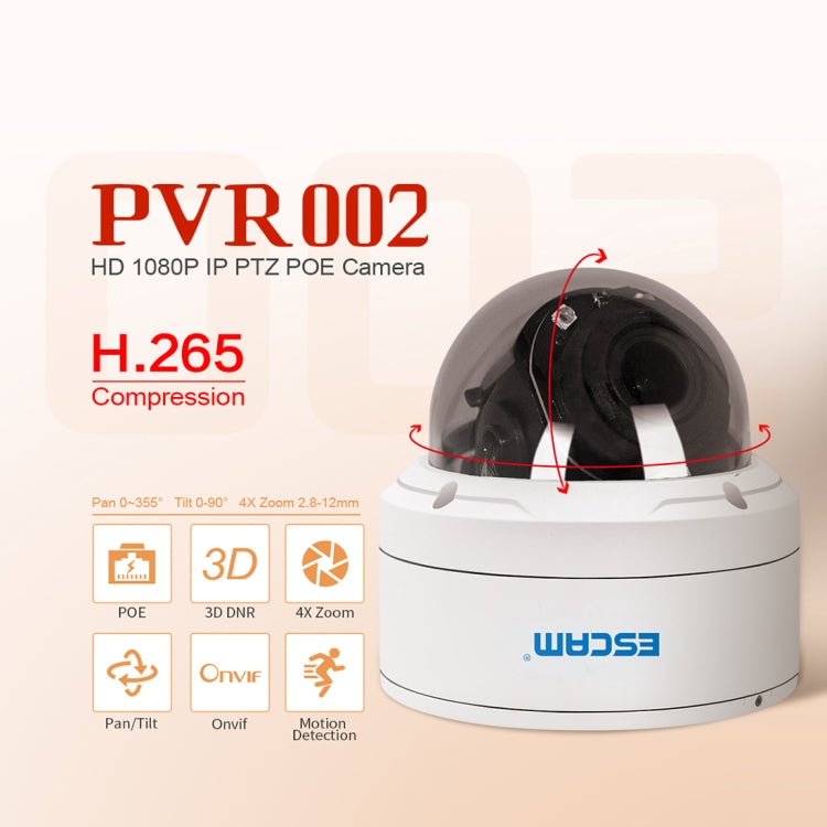 ESCAM PVR002 2MP HD 1080P PTZ 4X Zoom 2.8-12mm Lens Waterproof POE Dome IP Camera, Night Vision, Motion Detection