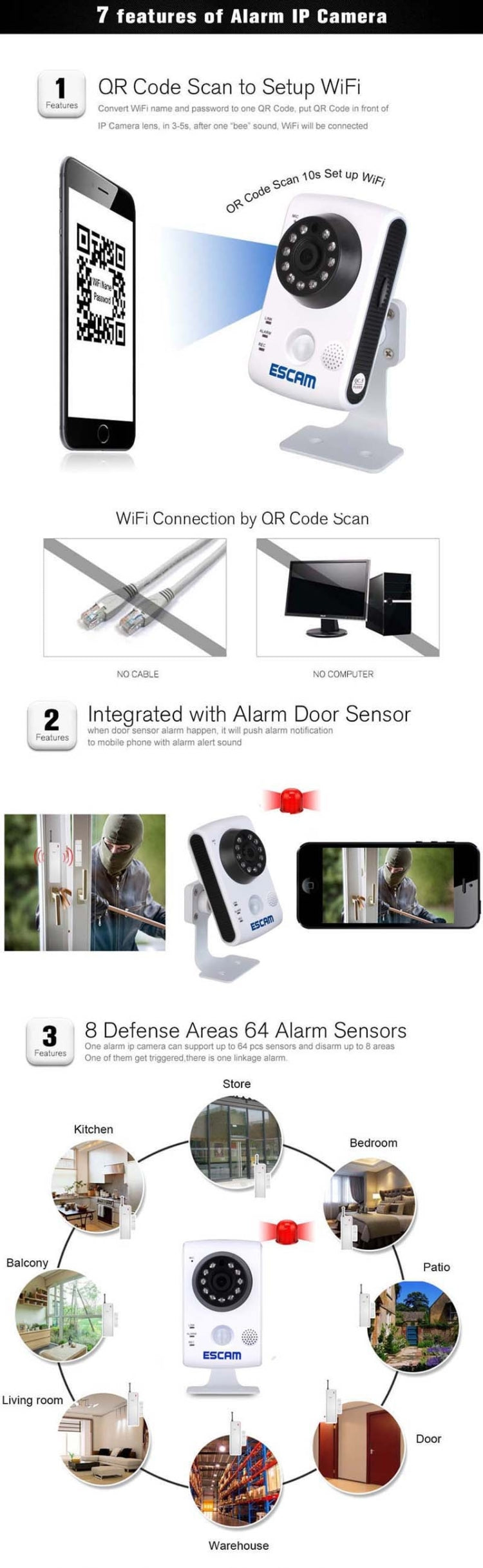 ESCAM QF502 HD 720P ONVIF 1.0MP H.264 P2P 2.8mm WiFi PIR Alarm Camera, Dual IR-CUT Filter, IR Distance: 10m