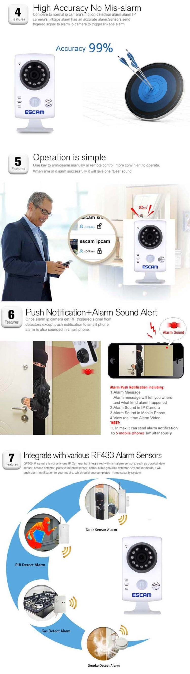 ESCAM QF502 HD 720P ONVIF 1.0MP H.264 P2P 2.8mm WiFi PIR Alarm Camera, Dual IR-CUT Filter, IR Distance: 10m