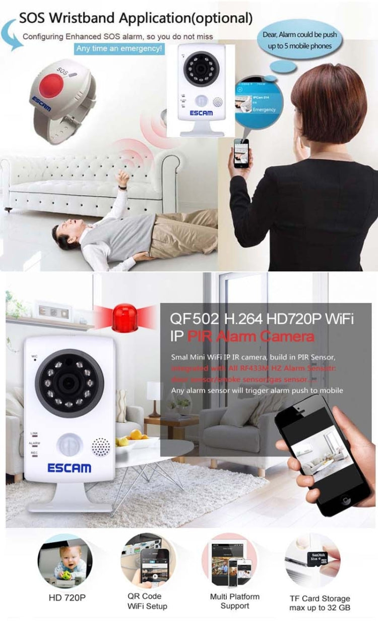 ESCAM QF502 HD 720P ONVIF 1.0MP H.264 P2P 2.8mm WiFi PIR Alarm Camera, Dual IR-CUT Filter, IR Distance: 10m